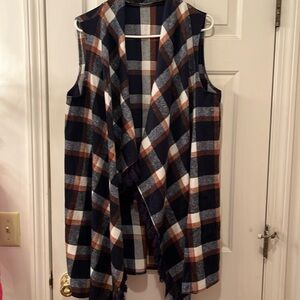 Plaid Open-Front Sleeveless Vest Jacket - Navy & Brown